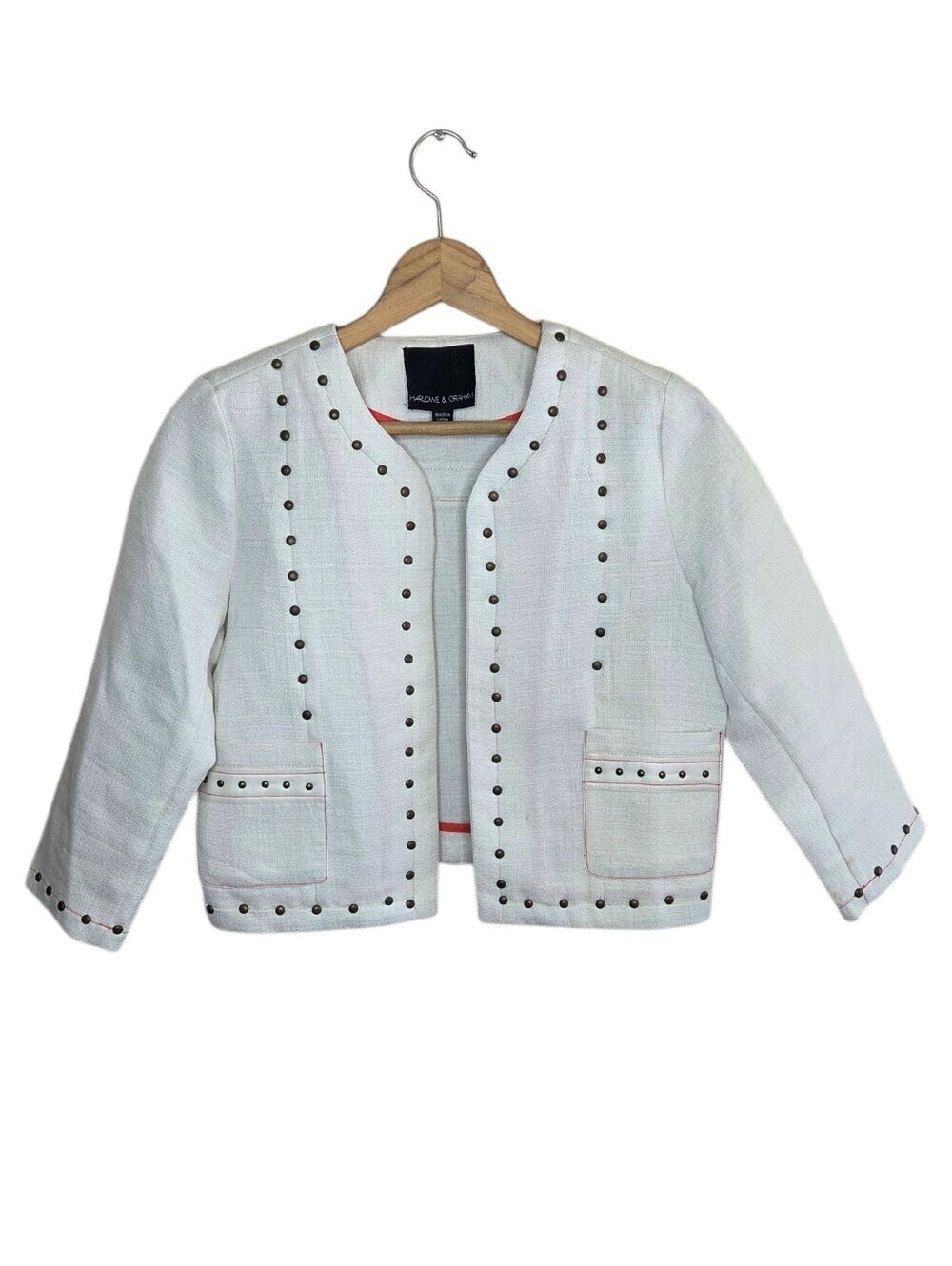 Harlowe & Graham White Studded Cropped Jacket Red Contrast Stitching Size Medium